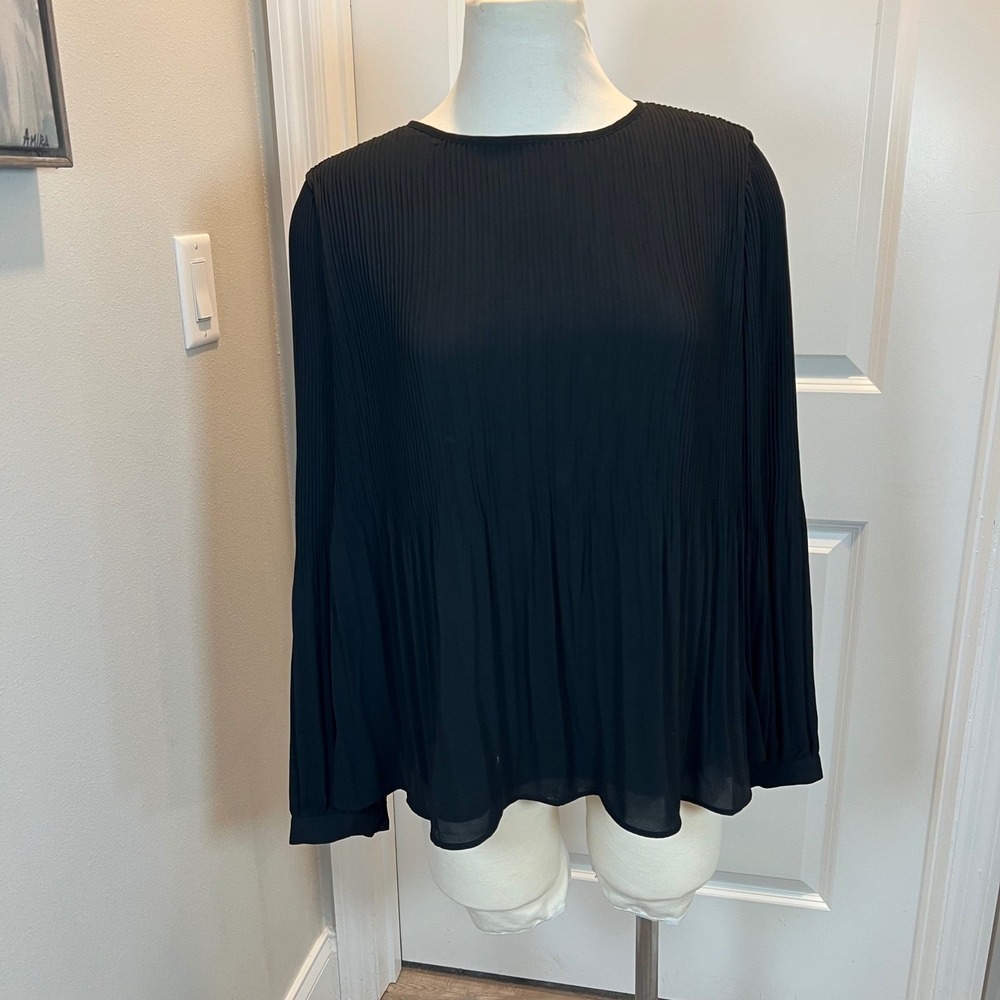 Tahari Womens Pleated Blouse All Over Accordion Pleats Black‎ L
